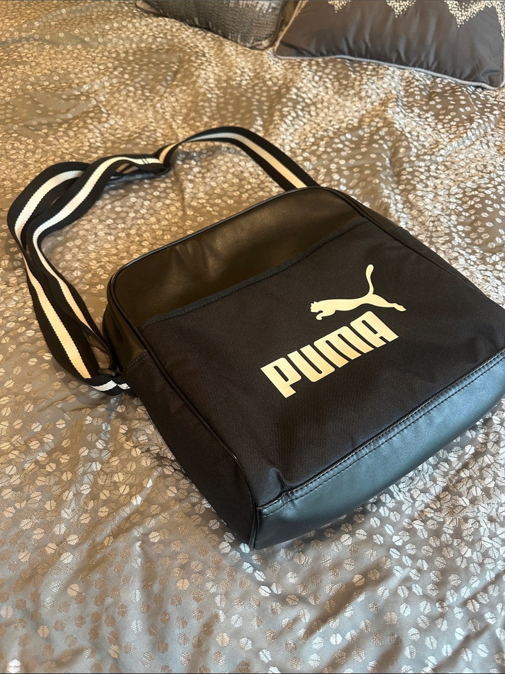 Puma Black Messenger Bag with White Logo and Striped Strap
